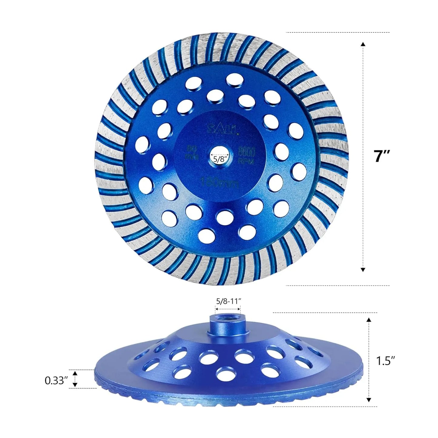 SALI 7 Inch Concrete Grinding Wheels 43 Turbo Diamond Segments 5/8-11 Arbor Diamond Grinding Wheel Fit for Paint, Epoxy, Mastic, Coating Removal