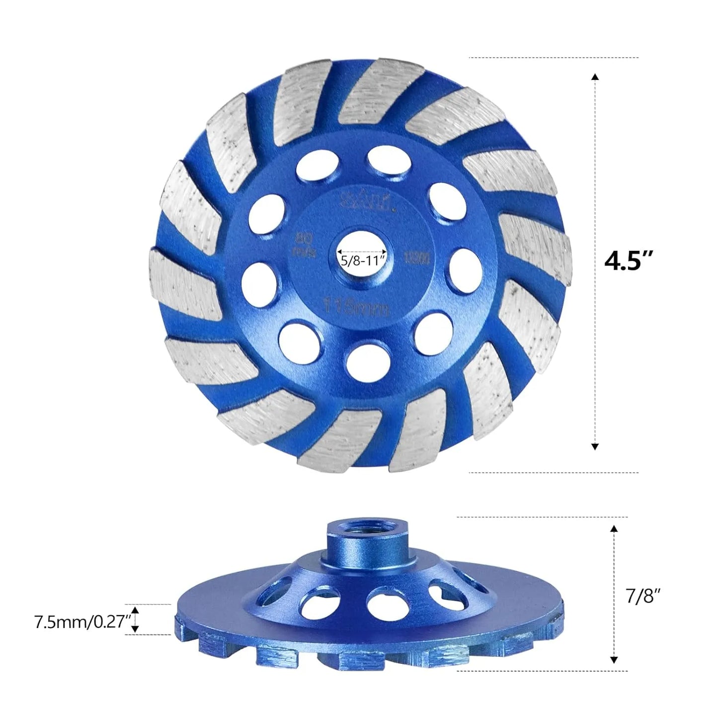 SALI 5PCS 4.5 Inch Concrete Grinding Wheels 14 Turbo Diamond Segments 5/8-11 Arbor Diamond Grinding Wheel Fit for Paint, Epoxy, Mastic, Coating Removal