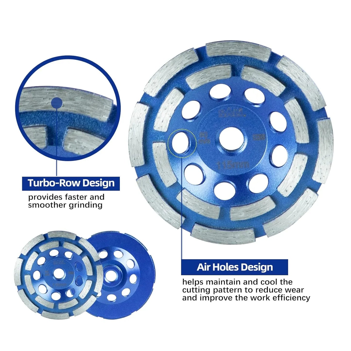 SALI 4.5 Inch 3pcs Concrete Grinding Wheels 16 Turbo Diamond Segments 5/8-11 Arbor Diamond Grinding Wheel Fit for Paint, Epoxy, Mastic Coating Removal