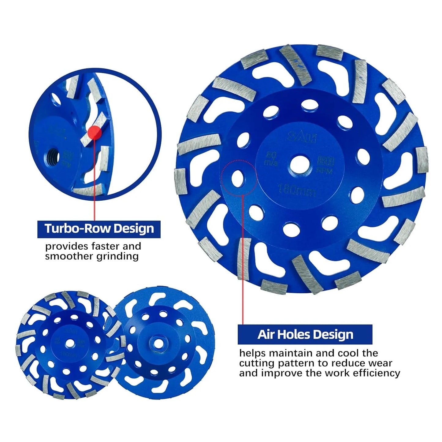 SALI 2pcs 7 Inch Concrete Grinding Wheels 20 Turbo Diamond Segments 5/8-11 Arbor Diamond Grinding Wheel Fit for Paint, Epoxy, Mastic Coating Removal with CDB. New Technology