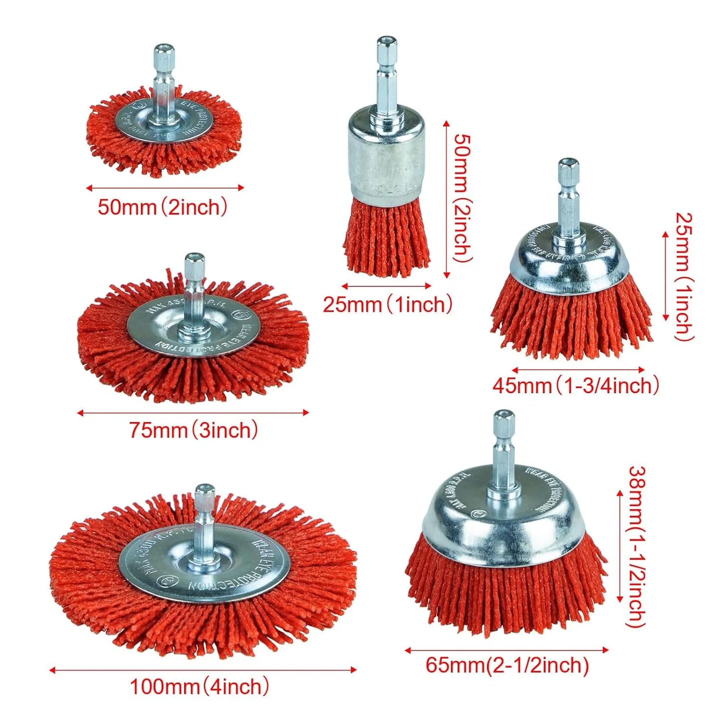 SALI 6 Pack Nylon Filament Abrasive Wire Brush Wheel & Cup Brush Set with 1/4 Inch Hex Shank, 6 Sizes Nylon Drill Brush Set for Removal of Rust Corrosion Paint