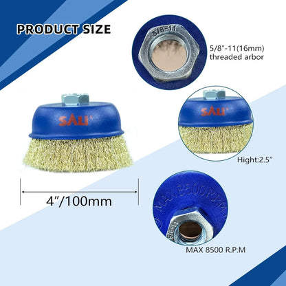 SALI Wire Cup Brush, 3 Inch & 4 Inch Coarse Crimped Cup Brush for Grinders, with 5/8 Inch -11Arbor for Heavy Cleaning Rust, Stripping and Abrasive, for Angle Grinder