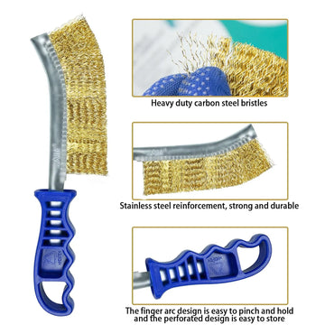 SALI Heavy Duty Wire Brushes for Cleaning Rust Removal Brass Brush Tool 11" Long Handle with Plastic Handle,for Automotive,Grill,Paint , Welding Slag&Household，More and Thicker Bristles Pack of 12