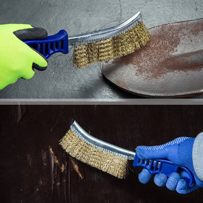 SALI Heavy Duty Wire Brushes for Cleaning Rust Removal Brass Brush Tool 11" Long Handle with Plastic Handle,for Automotive,Grill,Paint , Welding Slag&Household，More and Thicker Bristles Pack of 12