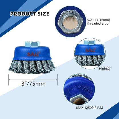 SALI 24 Pack Wire Cup Brush, 3 Inch Twisted Knotted Cup Brush for Grinders, with 5/8-11 Inch Arbor for Heavy Cleaning Rust, Stripping and Abrasive, for Angle Grinder