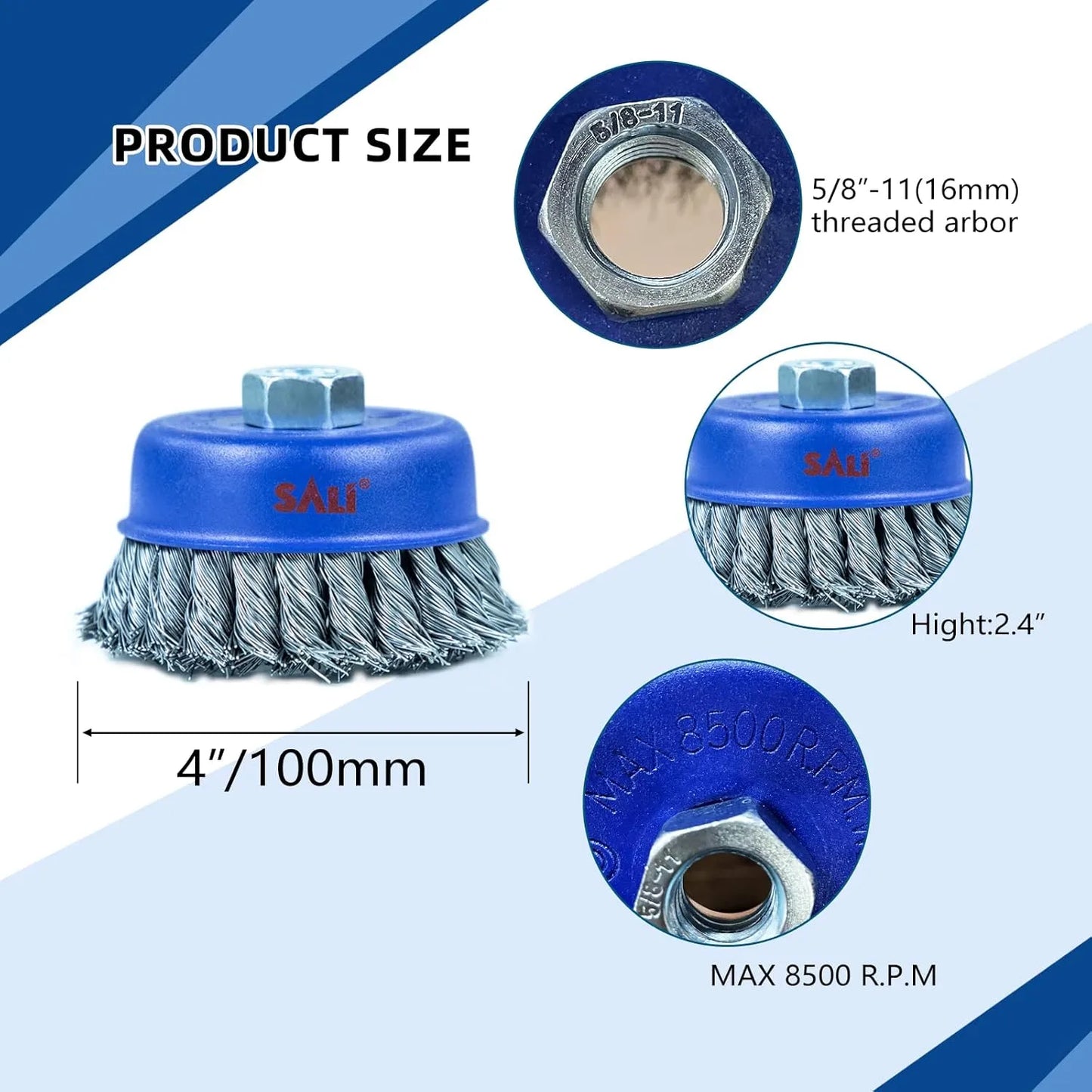 SALI 18 Pack Wire Cup Brush, 4 Inch Twisted Knotted Cup Brush for Grinders, with 5/8 Inch-11 Arbor for Heavy Cleaning Rust, Stripping and Abrasive, for Angle Grinder