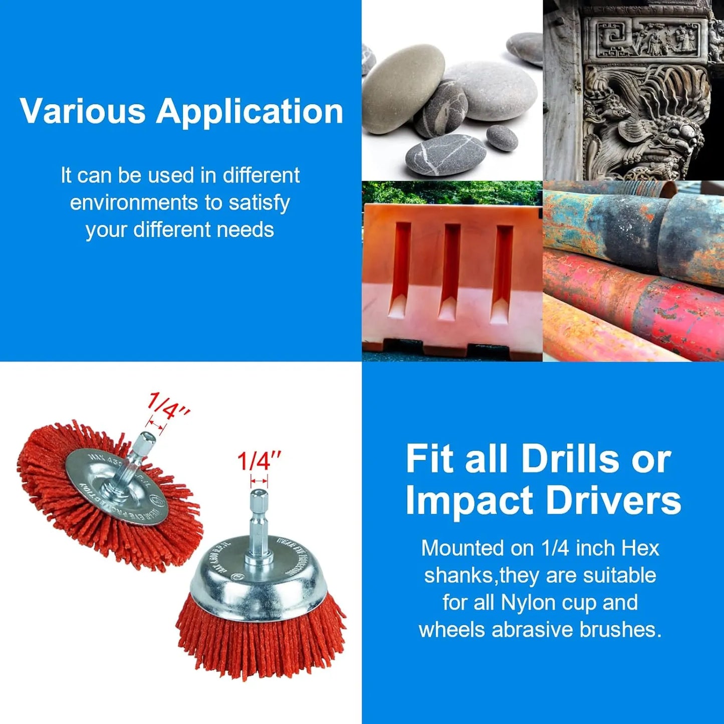 SALI Nylon Abrasive Brush Set, 1/4" Hex Shank Drill Brush Kit for Rust, Paint & Surface Cleaning on Metal, Wood & Plastic
