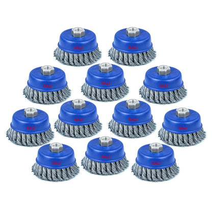 SALI 12 Pack Wire Cup Brush, 3 Inch & 4 Inch Twisted Knotted Cup Brush for Grinders, with 5/8-11 Inch Arbor for Heavy Cleaning Rust, Stripping and Abrasive, for Angle Grinder