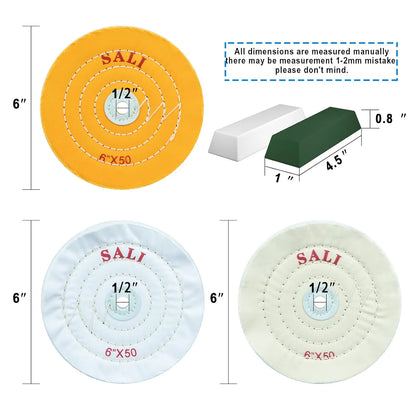 SALI 4 Pack Polishing Wheel for Bench Grinder - 6 Inch Buffing Wheel Set (2 Yellow Cotton, 2 White Cotton) - Buffer Polisher Pad With 1/2'' Arbor Hole and Polishing Compound Kit