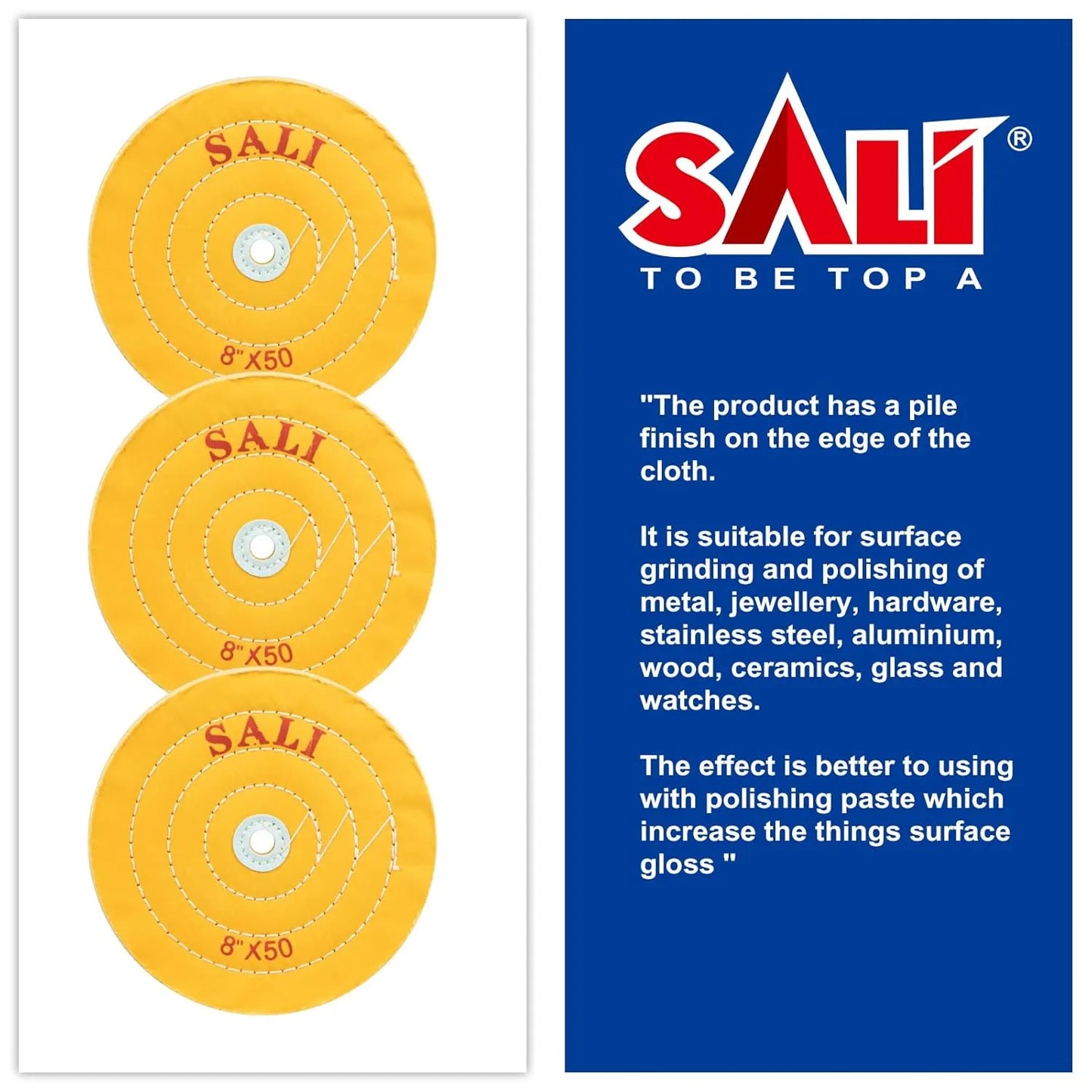 SALI 3 Pack Polishing Wheel for Bench Grinder Buffing Wheel 8 inch Yellow Cotton (50 Ply) for Buffer Polisher Coarse Polish Pad 5/8'' Arbor Hole with Polishing Compound Kit