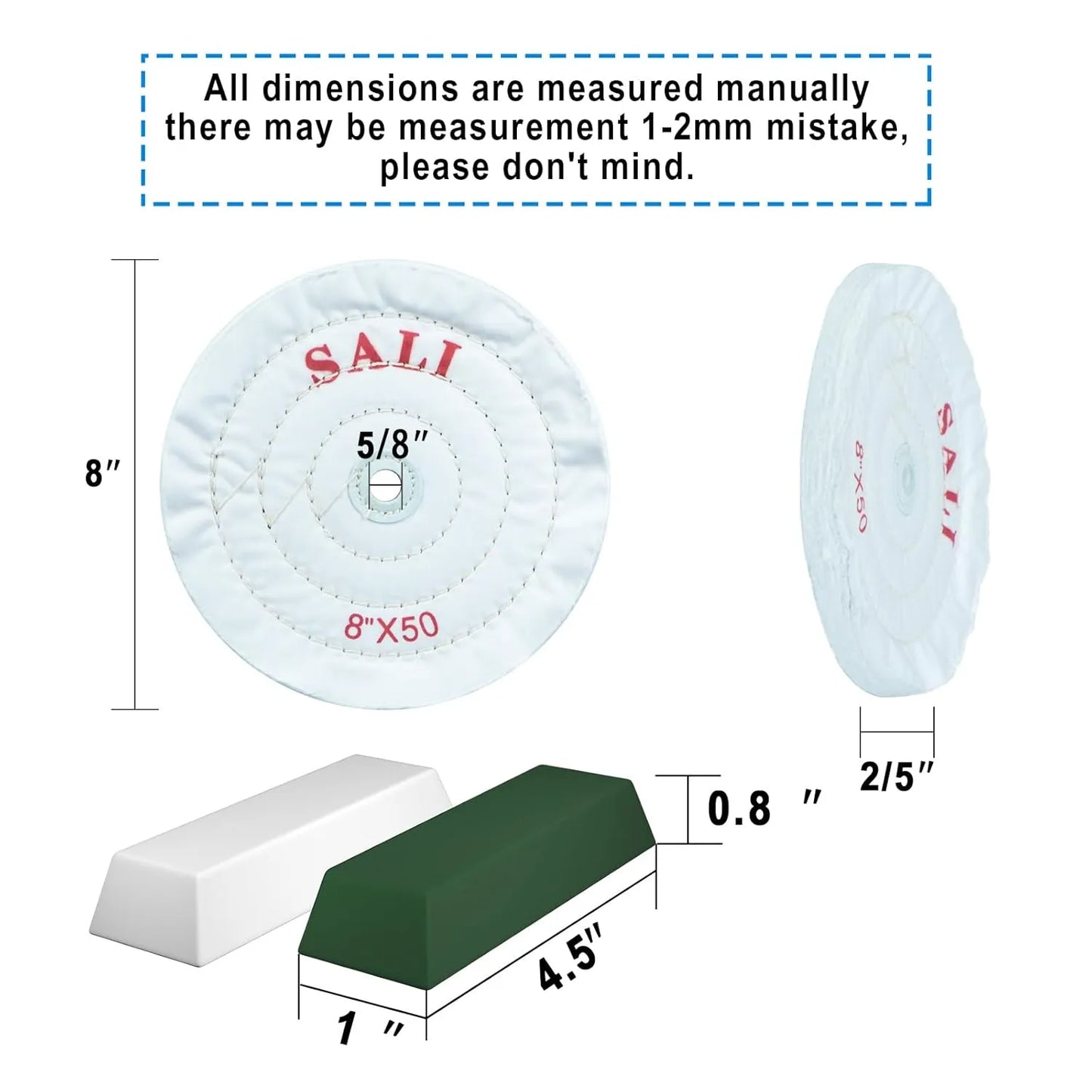 SALI 3 Pack Polishing Wheel for Bench Grinder Buffing Wheel 8 inch White Cotton (50 Ply) for Buffer Polisher Fine Polish Pad 5/8'' Arbor Hole with Polishing Compound Kit