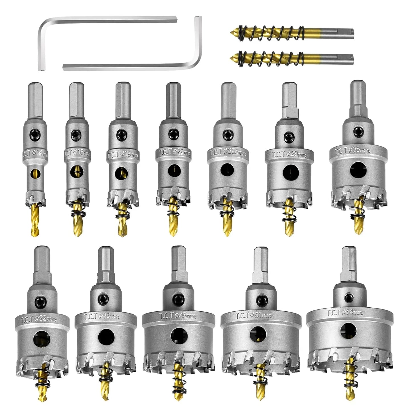 SALI 12pcs TCT Hole Saw Kit Tungsten Carbide Tipped Hole Saw Drill Bit with Titanium-Plated Pilot Drill bit for Metal, Stainless Steel, Iron, Wood, Plastic 9/16" - 2-1/8" 14mm+16mm+19mm+22mm
