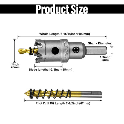 SALI 1" (26mm) TCT Hole Saw Kit Tungsten Carbide Tipped Hole Saw Drill Bit with Titanium-Plated Pilot Drill bit for Metal, Stainless Steel, Iron, Wood, Plastic