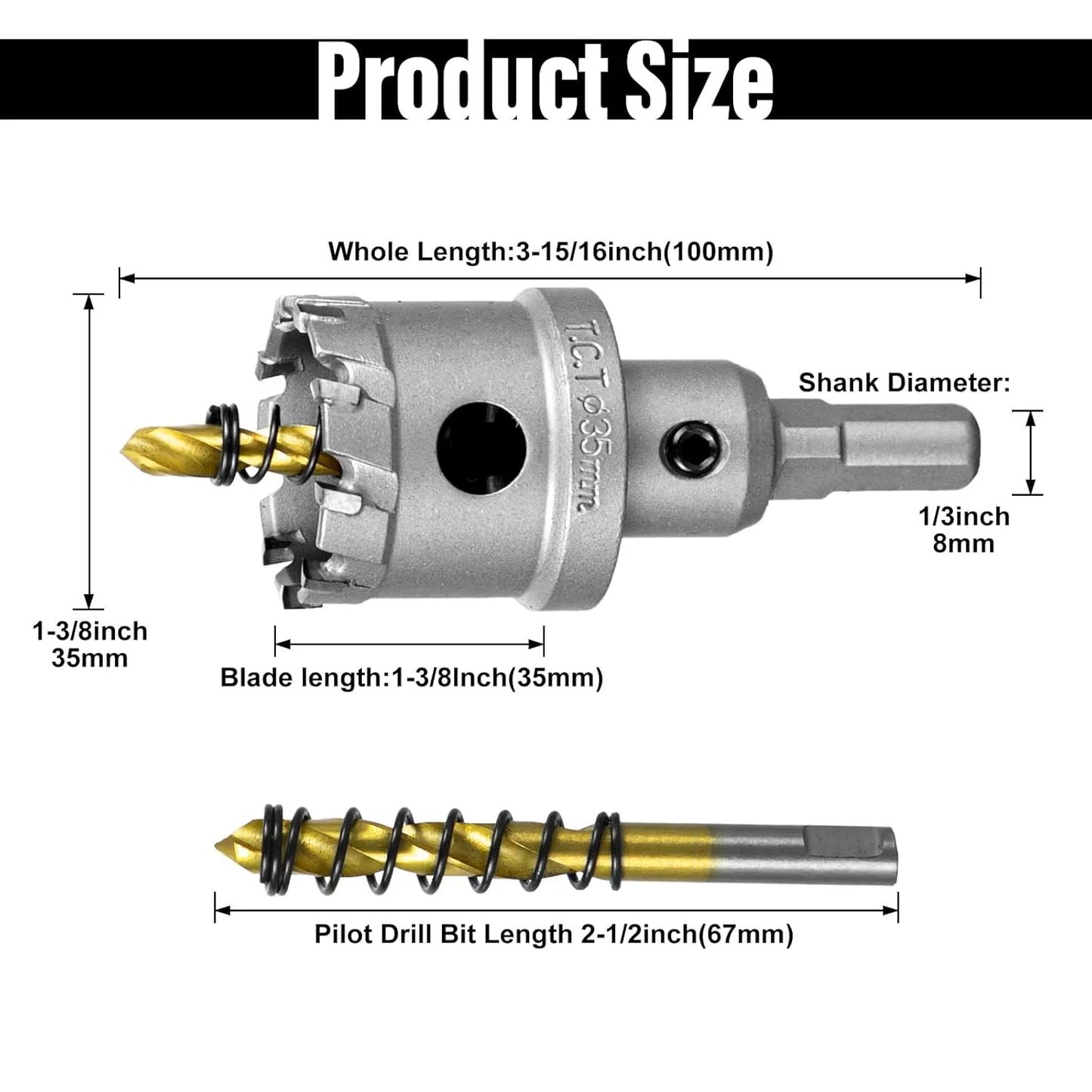 SALI 1-3/8" (35mm) TCT Hole Saw Kit Tungsten Carbide Tipped Hole Saw Drill Bit with Titanium-Plated Pilot Drill bit for Metal, Stainless Steel, Iron, Wood, Plastic