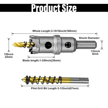 SALI 7/8" (22mm) TCT Hole Saw Kit Tungsten Carbide Tipped Hole Saw Drill Bit with Titanium-Plated Pilot Drill bit for Metal, Stainless Steel, Iron, Wood, Plastic