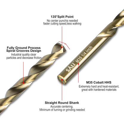 SALI Cobalt Drill Bit Set, 5Pcs 1/2" M35 High Speed Steel Jobber Length Drill Bit Kit for Hardened Metal, Stainless Steel, Cast Iron, Wood and Plastic, with Index Storage Case