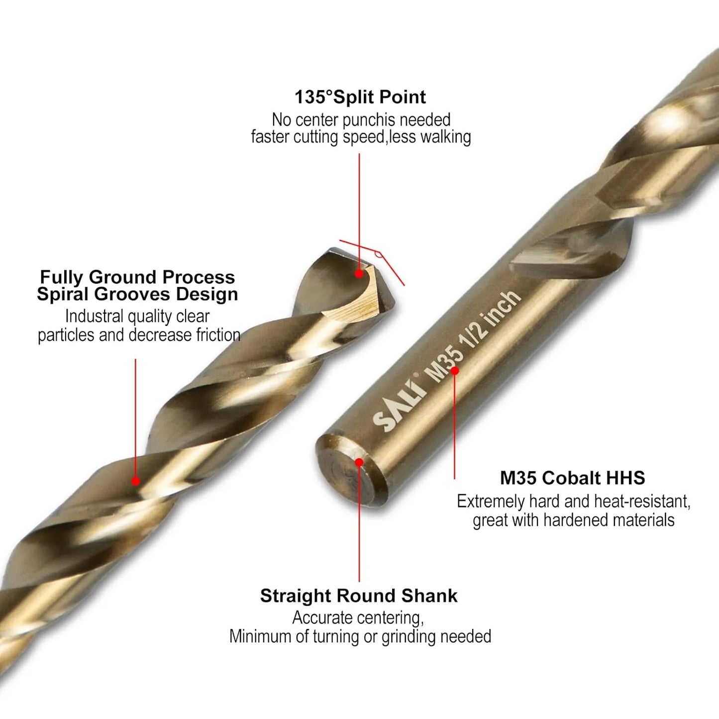 SALI Cobalt Drill Bit Set, 5Pcs 1/2" M35 High Speed Steel Jobber Length Drill Bit Kit for Hardened Metal, Stainless Steel, Cast Iron, Wood and Plastic, with Index Storage Case