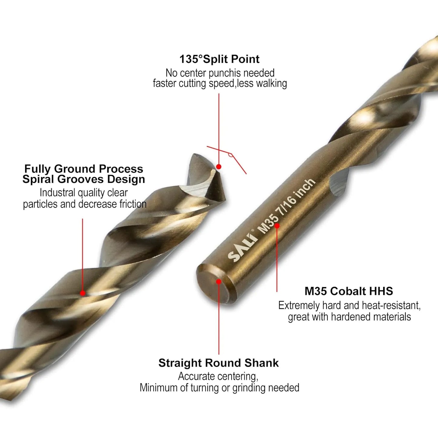SALI Cobalt Drill Bit Set, 5Pcs 7/16" M35 High Speed Steel Jobber Length Drill Bit Kit for Hardened Metal, Stainless Steel, Cast Iron, Wood and Plastic, with Index Storage Case