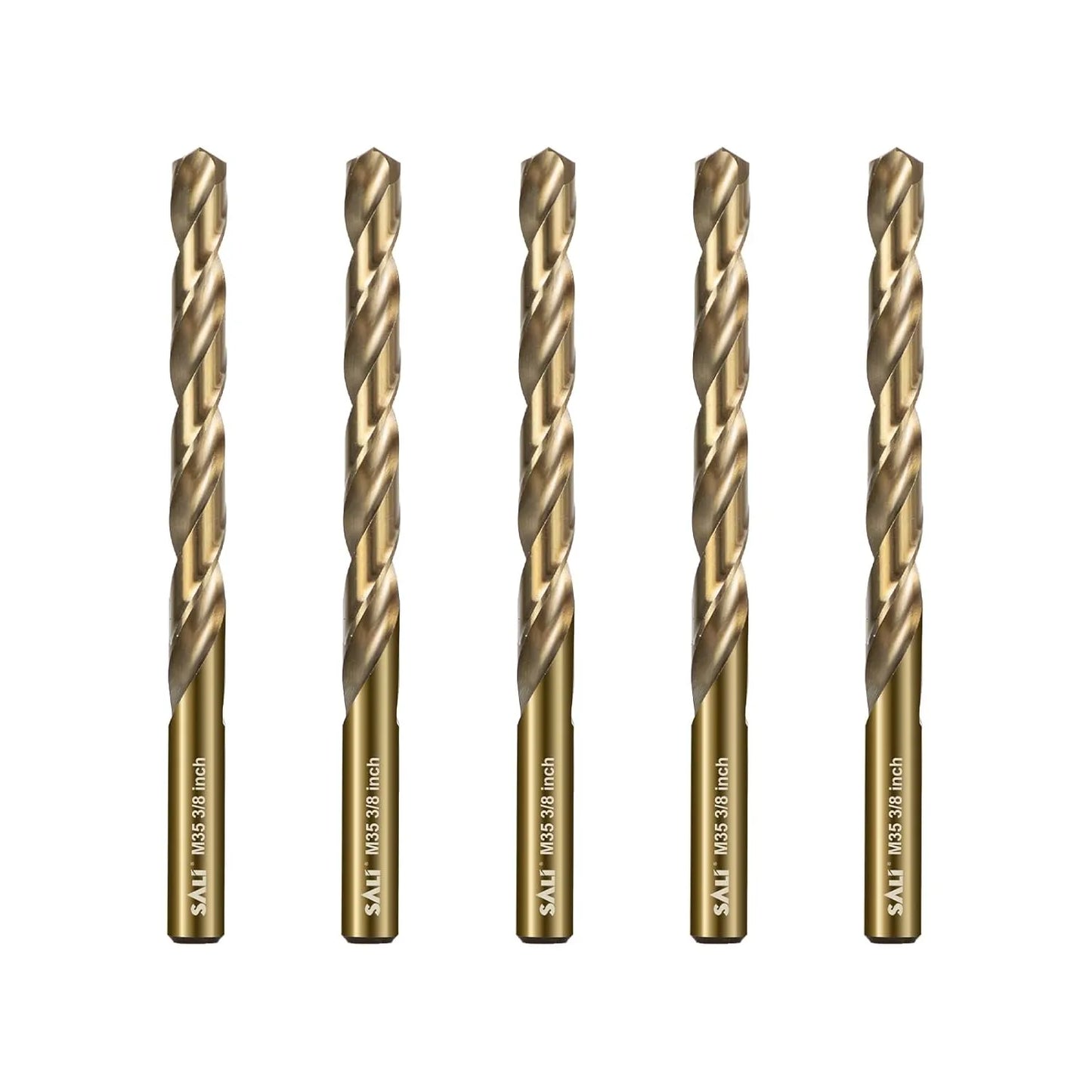 SALI Cobalt Drill Bit Set, 5Pcs 3/8" M35 High Speed Steel Jobber Length Drill Bit Kit for Hardened Metal, Stainless Steel, Cast Iron, Wood and Plastic, with Index Storage Case