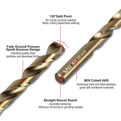 SALI Cobalt Drill Bit Set, 5Pcs 3/8" M35 High Speed Steel Jobber Length Drill Bit Kit for Hardened Metal, Stainless Steel, Cast Iron, Wood and Plastic, with Index Storage Case