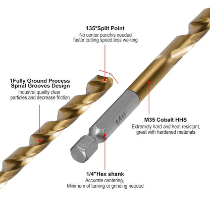 SALI Cobalt Drill Bit Set,20 Pack 9/64 Inch High Speed Steel Hex Shank Jobber Drill Bits, for Hardwood, Aluminum,Metal,Copper,Alloyed Steel