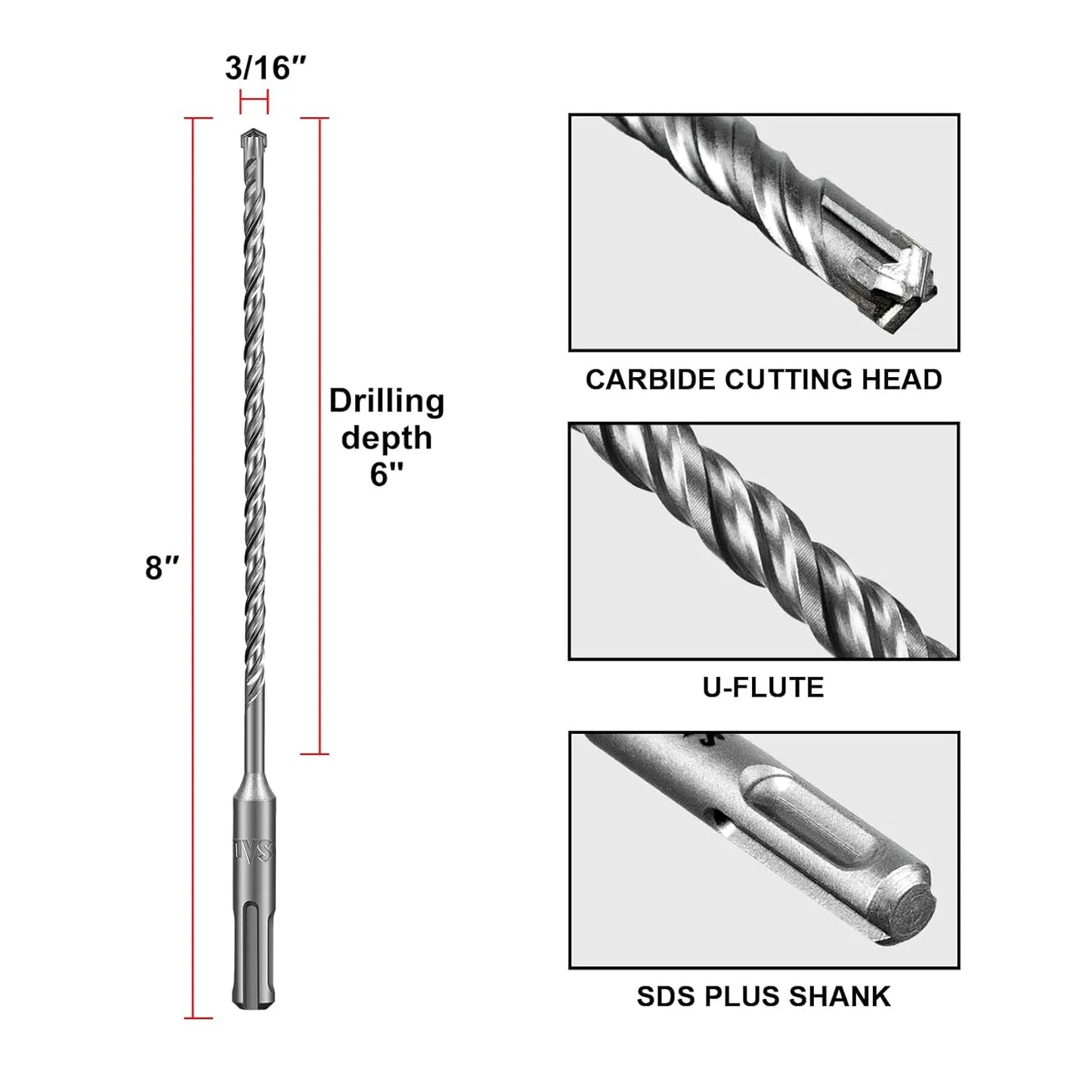 SALI SDS Plus Rotary Hammer Drill Bit 10 Pcs 3/16"*8" Concrete Drill Bit Kit Cross-Type Double Thread Carbide Material Suitable for Concrete, Brick, Cement Walls, Stone, Hammer Drill Bits for Concrete