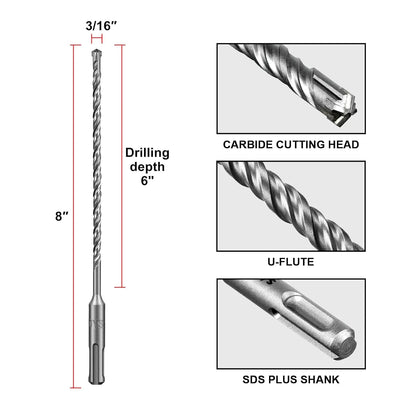 SALI SDS Plus Rotary Hammer Drill Bit 10 Pcs 3/16"*8" Concrete Drill Bit Kit Cross-Type Double Thread Carbide Material Suitable for Concrete, Brick, Cement Walls, Stone, Hammer Drill Bits for Concrete