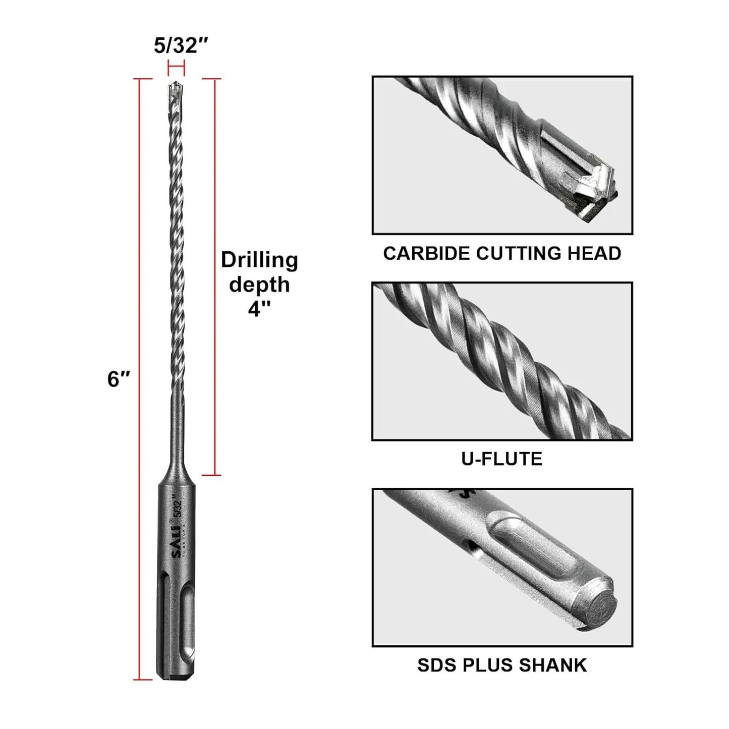 SALI 10 Pcs 5/32"*6" SDS Plus Rotary Hammer Drill Bit Concrete Drill Bit Kit Cross-Type Double Thread Carbide Material Suitable for Concrete, Brick, Cement Walls, Stone, Hammer Drill Bits for Concrete