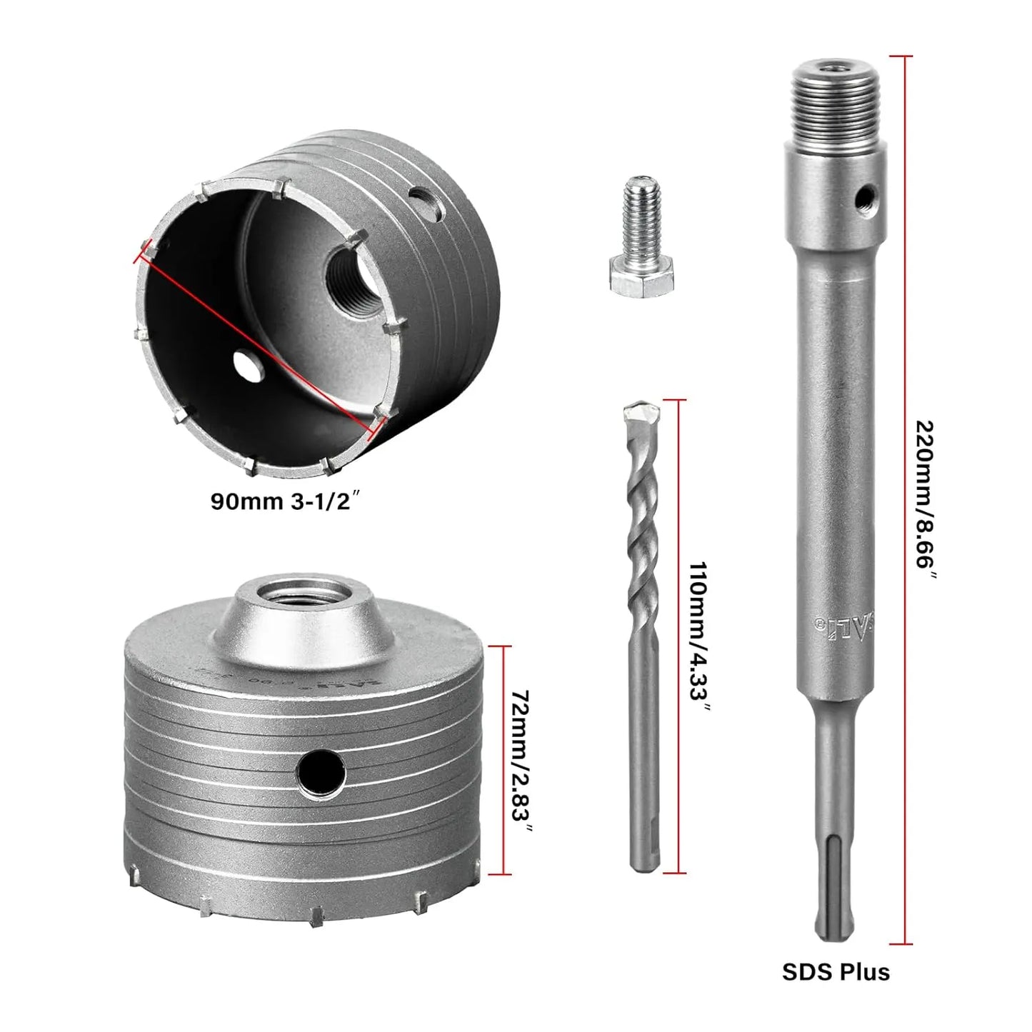 SALI Concrete Hole Saw Kits 3-1/2"（90mm） Tungsten Steel Wall Hole Cutter Drill Bit Sets with 220mm SDS Plus Shank Connecting Rod，110mm Center Positioning Drill Bits for Cinder Block,Brick,Adobe Wall