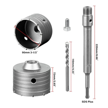SALI Concrete Hole Saw Kits 3-1/2"（90mm） Tungsten Steel Wall Hole Cutter Drill Bit Sets with 220mm SDS Plus Shank Connecting Rod，110mm Center Positioning Drill Bits for Cinder Block,Brick,Adobe Wall