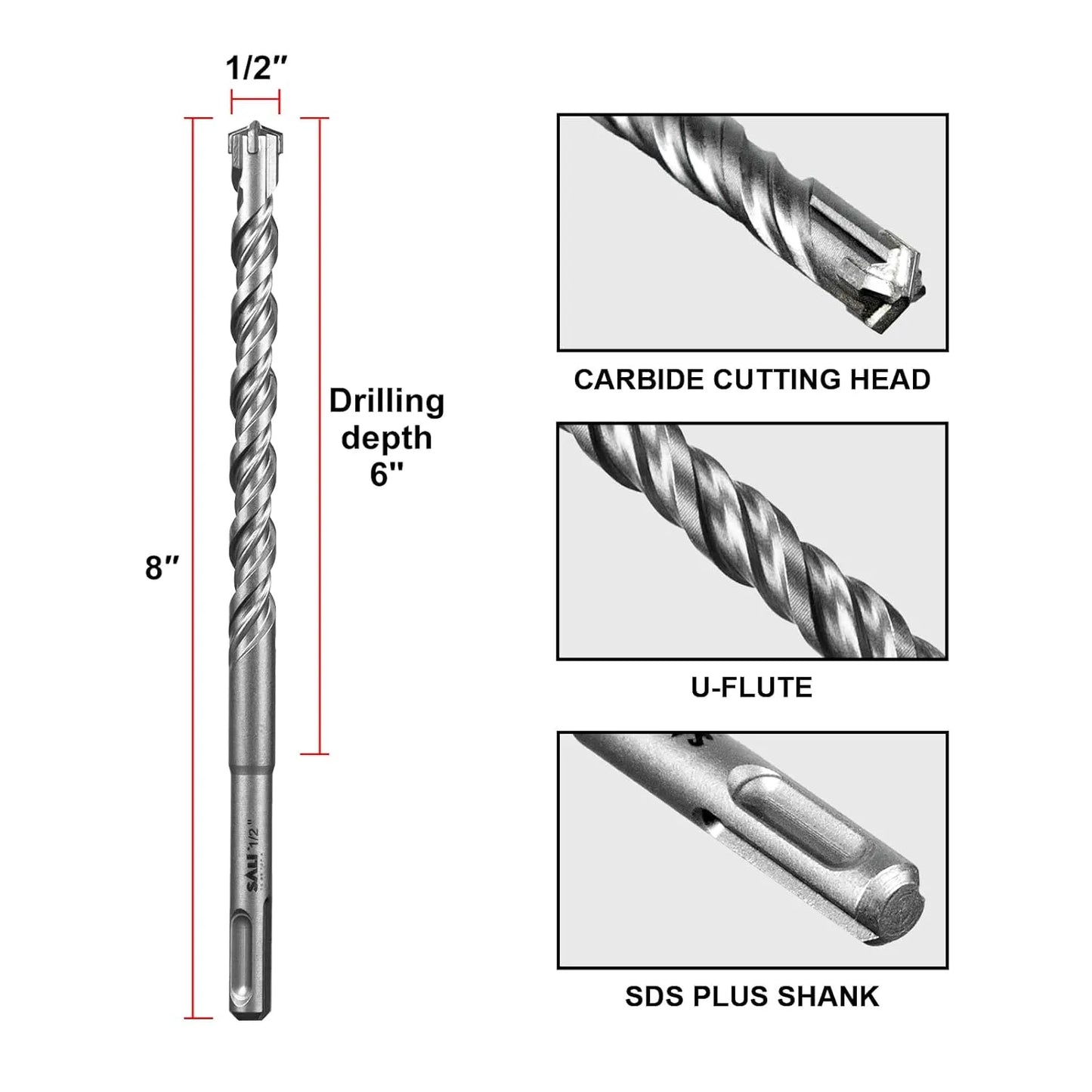 SALI 10PCS 1/2"*8" SDS Plus Rotary Hammer Drill Bit Kit for Concrete, Brick, Cement Walls, Stone - Cross-Type Double Thread Carbide Material