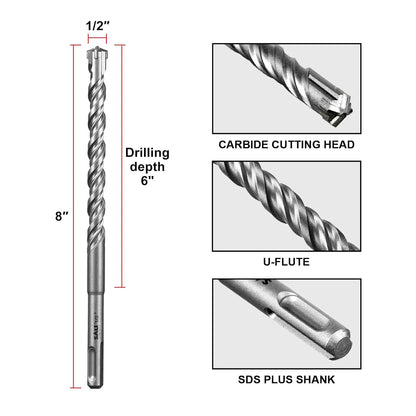 SALI 10PCS 1/2"*8" SDS Plus Rotary Hammer Drill Bit Kit for Concrete, Brick, Cement Walls, Stone - Cross-Type Double Thread Carbide Material