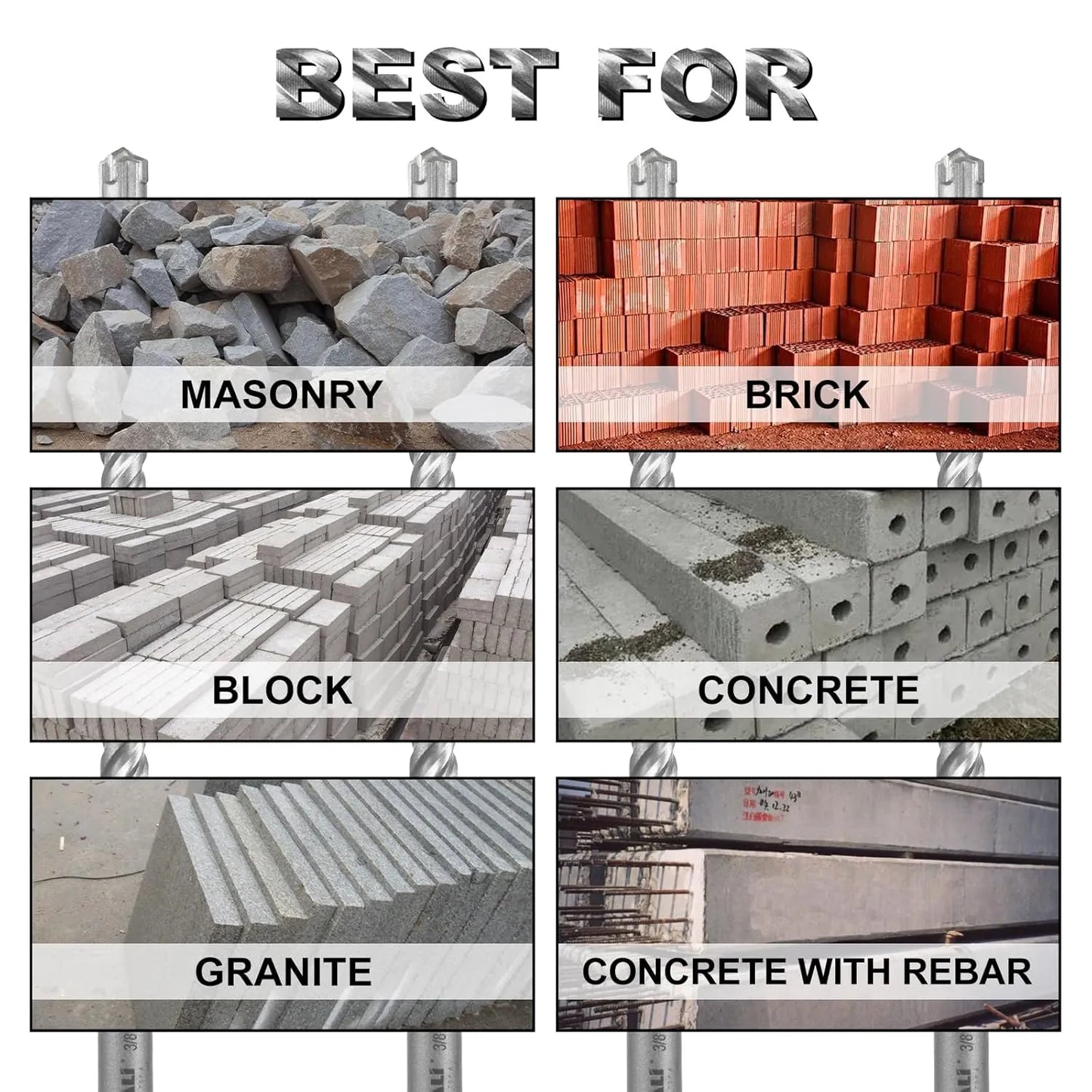 SALI 10PCS 1/2"*8" SDS Plus Rotary Hammer Drill Bit Kit for Concrete, Brick, Cement Walls, Stone - Cross-Type Double Thread Carbide Material
