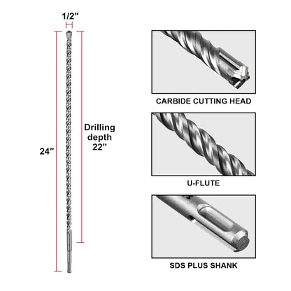 SALI SDS Plus Rotary Hammer Drill Bit 2 Pcs 1/2"*24" Concrete Drill Bit Kit Cross-Type Double Thread Carbide Material Suitable for Concrete, Brick, Cement Walls, Stone, Hammer Drill Bits for Concrete