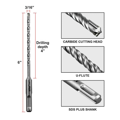 SALI SDS Plus Rotary Hammer Drill Bit 20Pcs 3/16"*6" Concrete Drill Bit Kit Cross-Type Double Thread Carbide Material Suitable for Concrete, Brick, Cement Walls, Stone, Hammer Drill Bits for Concrete