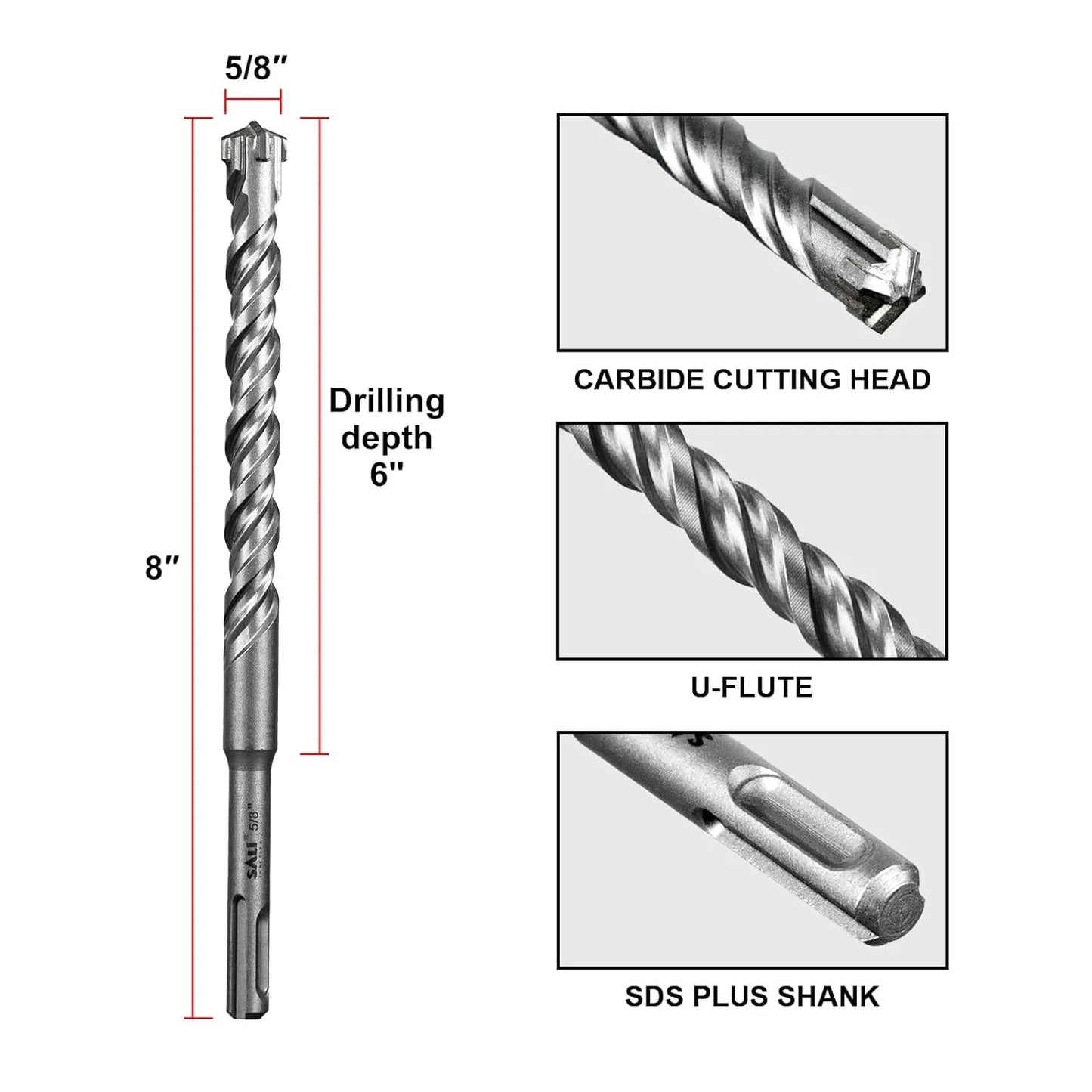 SALI 10PCS 5/8"*8" SDS Plus Rotary Hammer Drill Bit Concrete Drill Bit Kit Cross-Type Double Thread Carbide Material Suitable for Brick, Cement Walls, Stone, Hammer Drill Bits