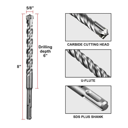 SALI 10PCS 5/8"*8" SDS Plus Rotary Hammer Drill Bit Concrete Drill Bit Kit Cross-Type Double Thread Carbide Material Suitable for Brick, Cement Walls, Stone, Hammer Drill Bits