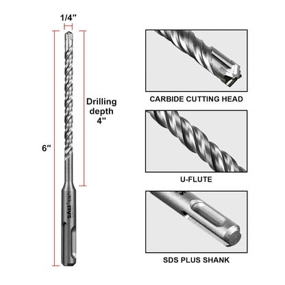 SALI 10PCS 1/4"*6" SDS Plus Rotary Hammer Drill Bit Concrete Drill Bit Kit Cross-Type Double Thread Carbide Material Suitable for Brick, Cement Walls, Stone, Hammer Drill Bits