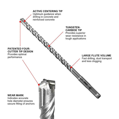 SALI 10PCS SDS Plus Rotary Hammer Drill Bit Set Concrete Drill Bit Kit Cross-Type Double Thread Carbide Material Suitable for Concrete, Brick, Cement Walls, Stone, Hammer Drill Bits for Concrete