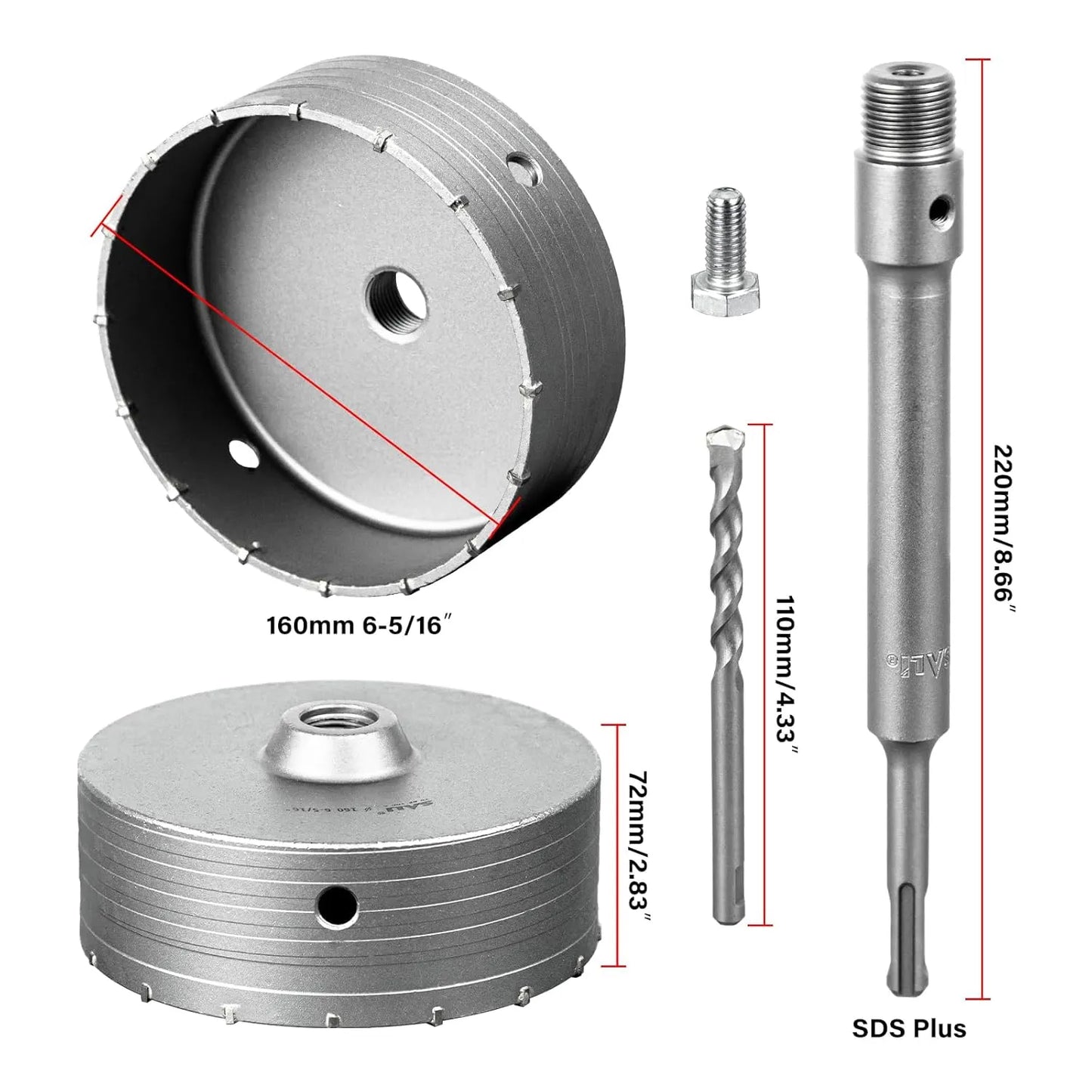 SALI Concrete Hole Saw Kits 6-5/16"（160mm）Tungsten Steel Wall Hole Cutter Drill Bit Sets with 220mm SDS Plus Shank Connecting Rod，110mm Center Positioning Drill Bits for Cinder Block,Brick,Adobe Wall