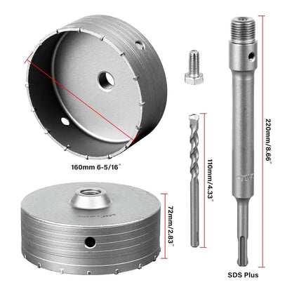 SALI Concrete Hole Saw Kits 6-5/16"（160mm）Tungsten Steel Wall Hole Cutter Drill Bit Sets with 220mm SDS Plus Shank Connecting Rod，110mm Center Positioning Drill Bits for Cinder Block,Brick,Adobe Wall