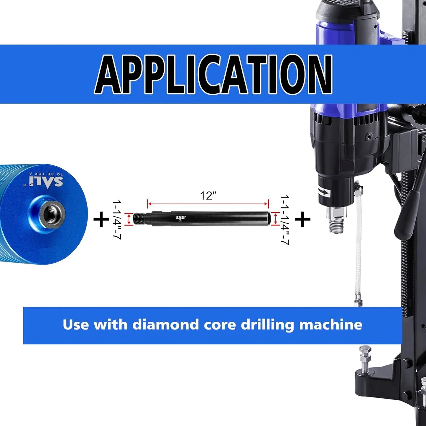 SALI 12" Extension Adapter for Core Drill Bits, Extension Rod with 1-1/4"-7 Thread Drill Bit Adapter for Saw Threaded Diamond Hole Diamond Core Drill