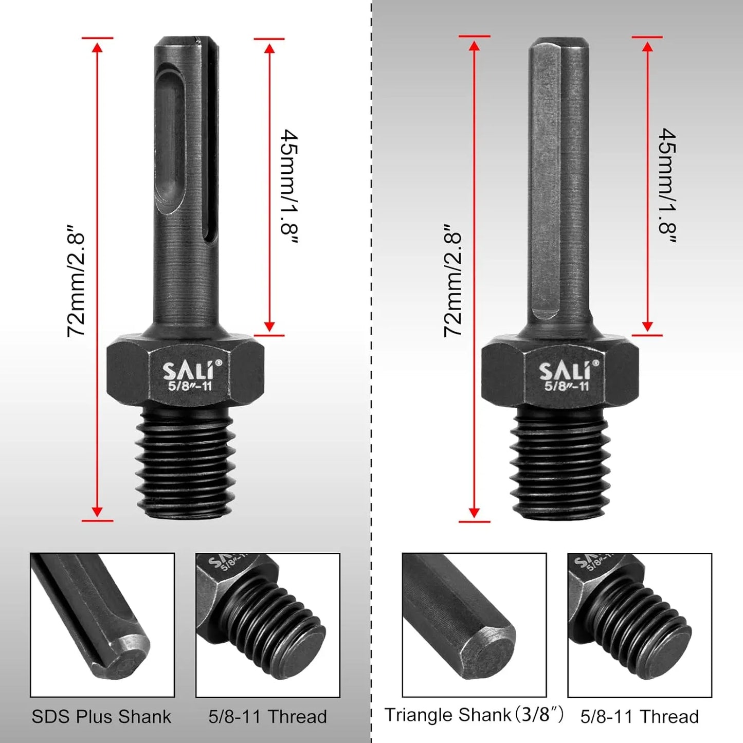 SALI 2PCS Core Drill Bit Adapter 5/8"-11 Thread Male to 3/8" SDS Plus Shank and 3/8" Triangle Shank 5/8" -11 Male Drill Bit Adapter for Threaded Diamond Hole Saw Diamond Core Drill