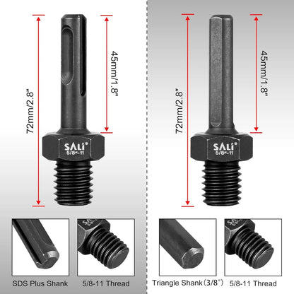 SALI 2PCS Core Drill Bit Adapter 5/8"-11 Thread Male to 3/8" SDS Plus Shank and 3/8" Triangle Shank 5/8" -11 Male Drill Bit Adapter for Threaded Diamond Hole Saw Diamond Core Drill