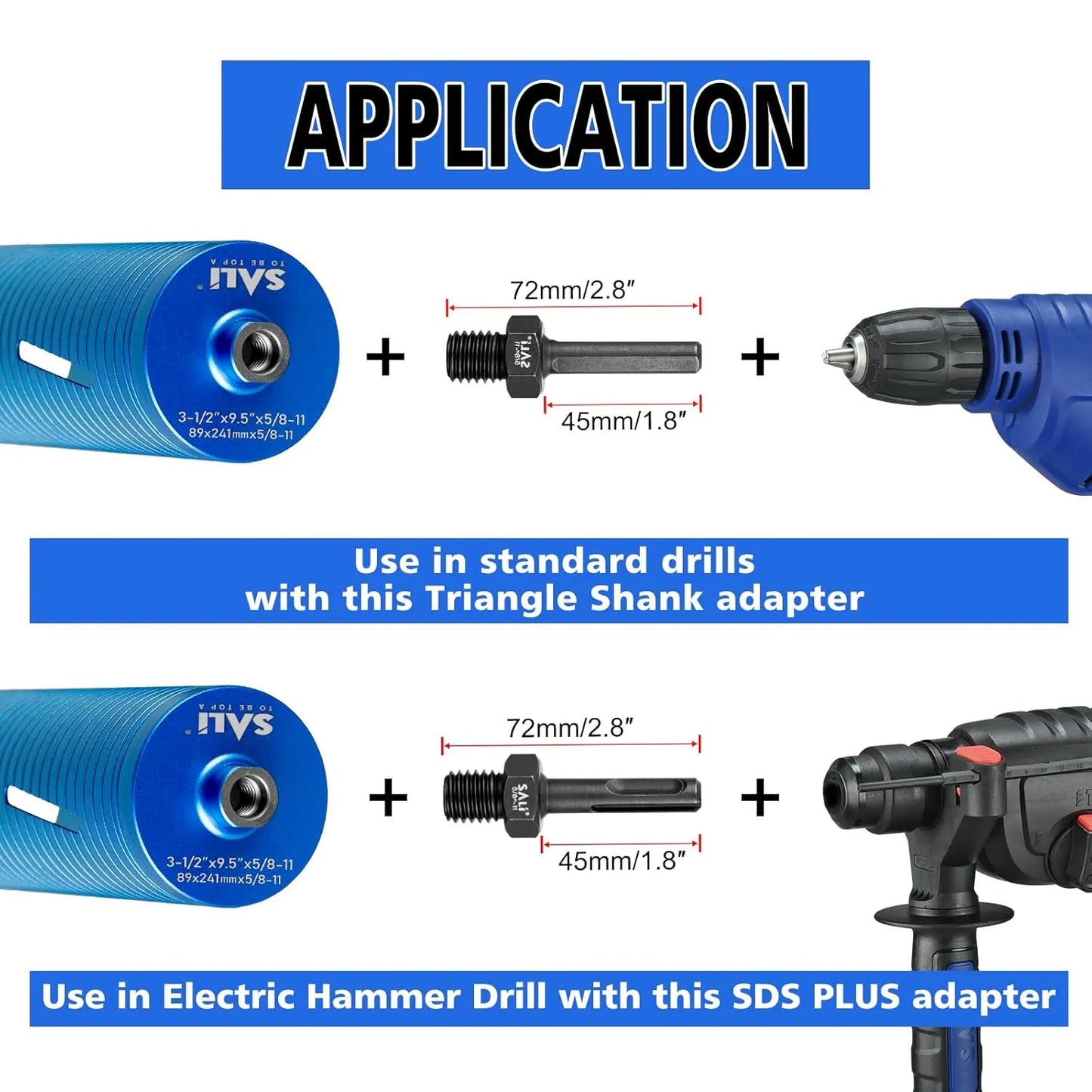 SALI 2PCS Core Drill Bit Adapter 5/8"-11 Thread Male to 3/8" SDS Plus Shank and 3/8" Triangle Shank 5/8" -11 Male Drill Bit Adapter for Threaded Diamond Hole Saw Diamond Core Drill