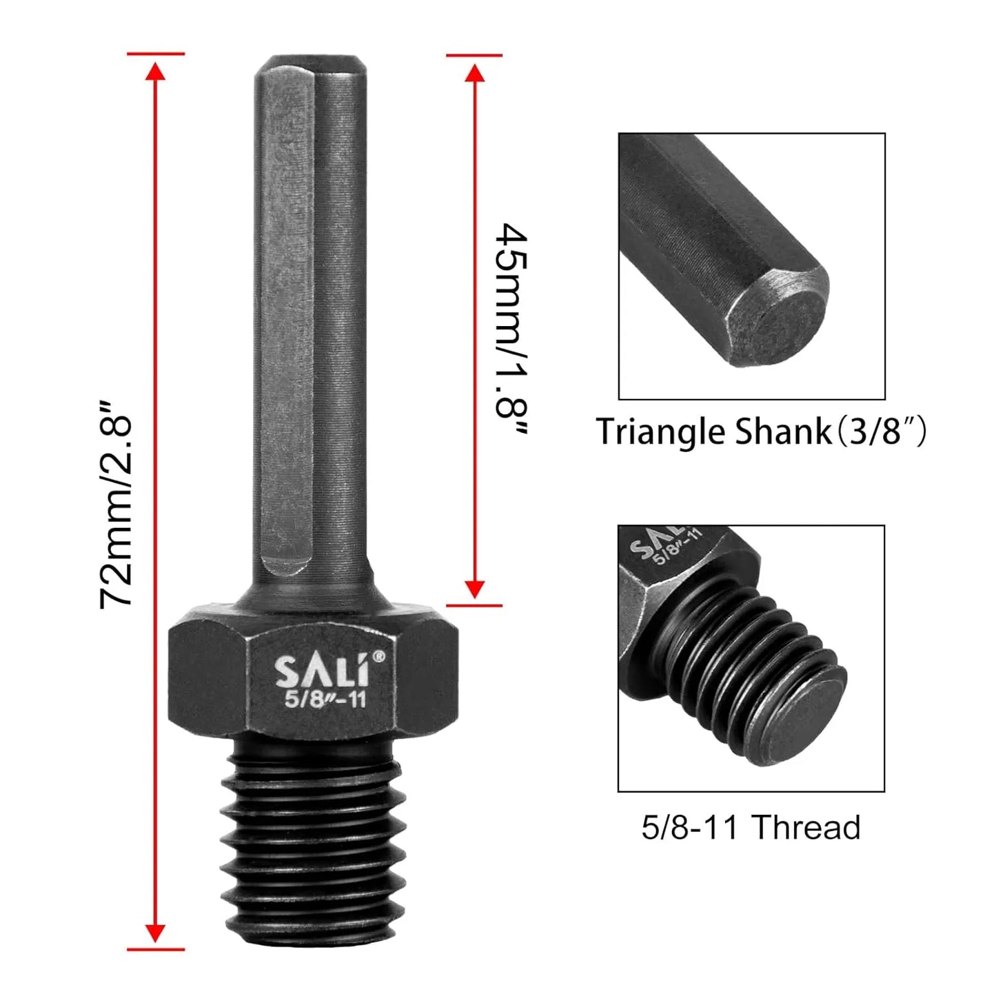 SALI 2PCS Core Drill Bit Adapter 5/8"-11 Thread Male to 3/8" Triangle Shank 5/8" -11 Male Drill Bit Adapter for Threaded Diamond Hole Saw Diamond Core Drill