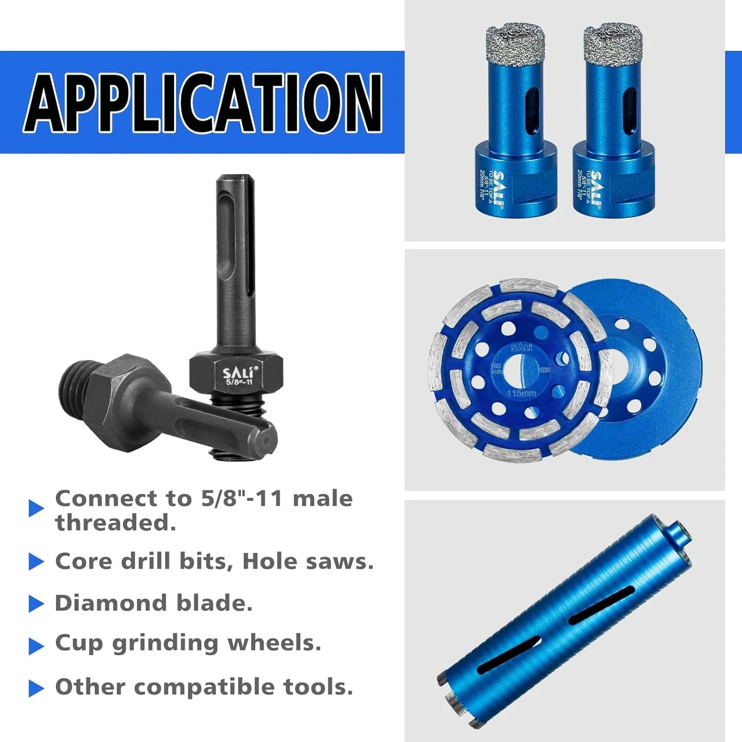 SALI 2PCS Core Drill Bit Adapter 5/8"-11 Thread Male to 3/8" SDS Plus Shank 5/8" -11 Male Drill Bit Adapter for Threaded Diamond Hole Saw Diamond Core Drill