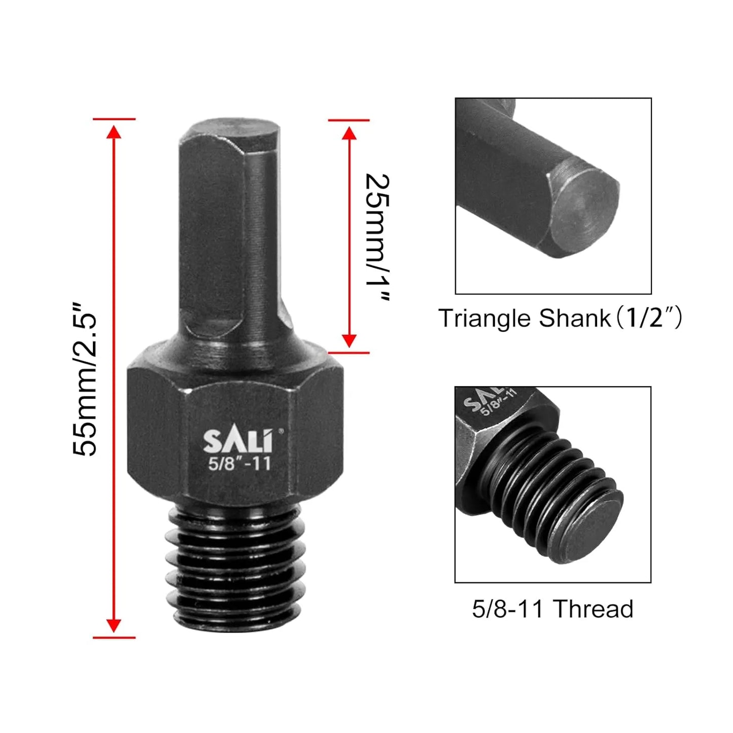 SALI 2PCS Core Drill Bit Adapter 5/8"-11 Thread Male to 1/2" Triangle Shank 5/8" -11 Male Drill Bit Adapter for Threaded Diamond Hole Saw Diamond Core Drill