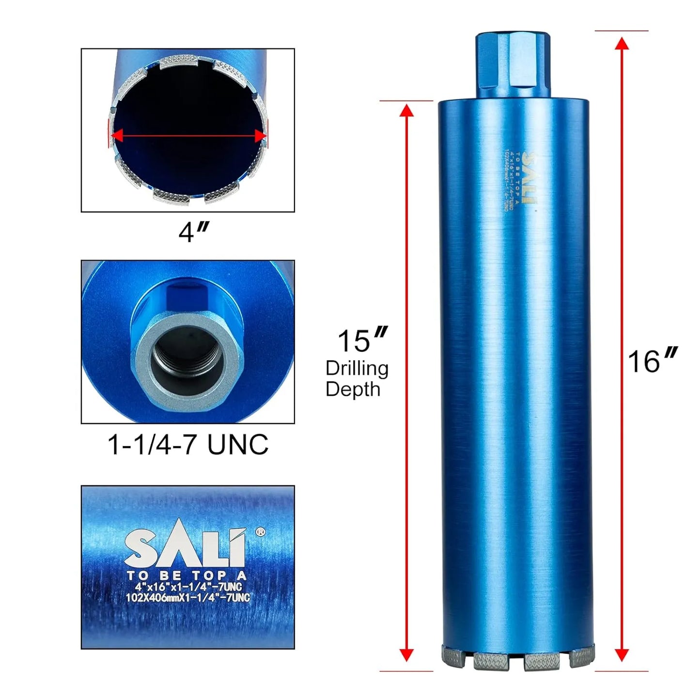 SALI Wet Diamond Core Drill Bits 4"/102mm Diameter, 15"/380mm Drilling Depth Concrete Core Drill Bit, 1-1/4-7" Thread Core Bit Turbo Laser-Welded Segments with Rebar, Brick, Block, Masonry, Stone