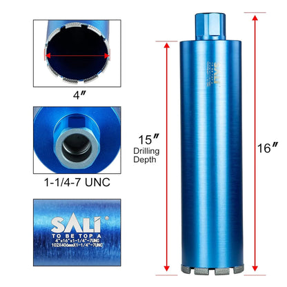 SALI Wet Diamond Core Drill Bits 4"/102mm Diameter, 15"/380mm Drilling Depth Concrete Core Drill Bit, 1-1/4-7" Thread Core Bit Turbo Laser-Welded Segments with Rebar, Brick, Block, Masonry, Stone